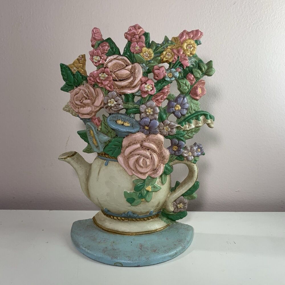 Vintage Midwest of Cannon Falls Cast Iron Floral Teapot Doorstop Cottagecore 7”